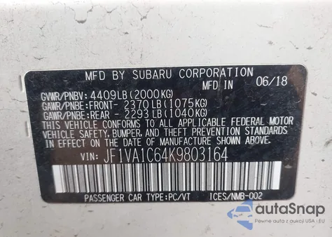 2019 Subaru Wrx Premium из США, поврежденный, VIN JF1VA1C64K9803164